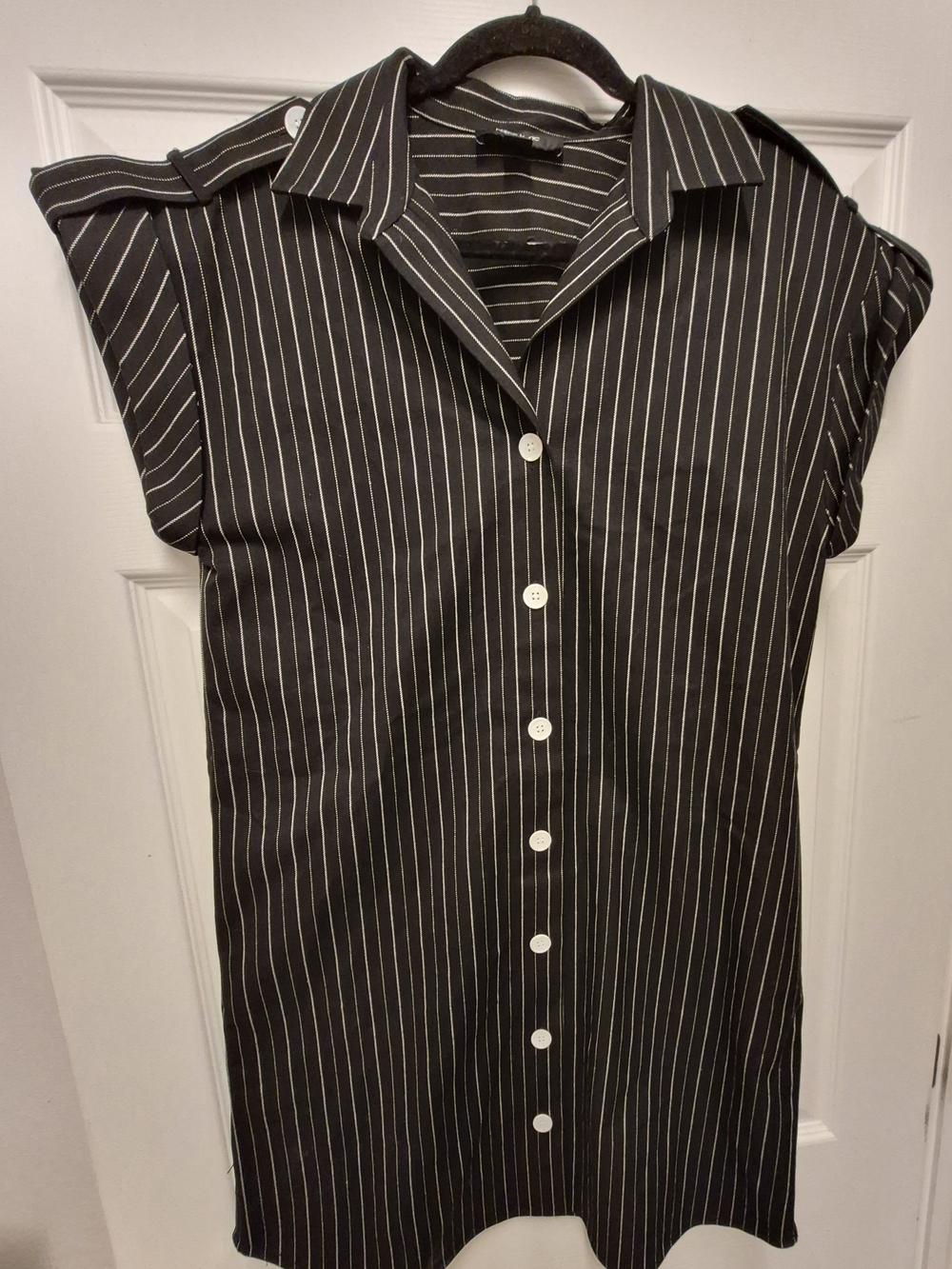 Karen Kane Black Pinstripe Cap Sleeve Shirt Dress